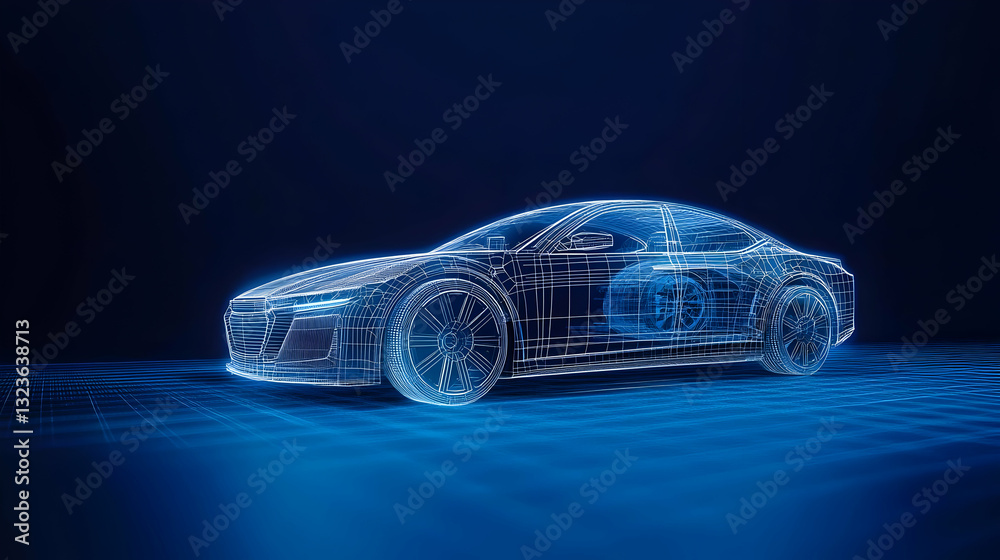 Naklejka premium Digital Blue Car Silhouette Showing Modern Technology Innovation Against Dark Background