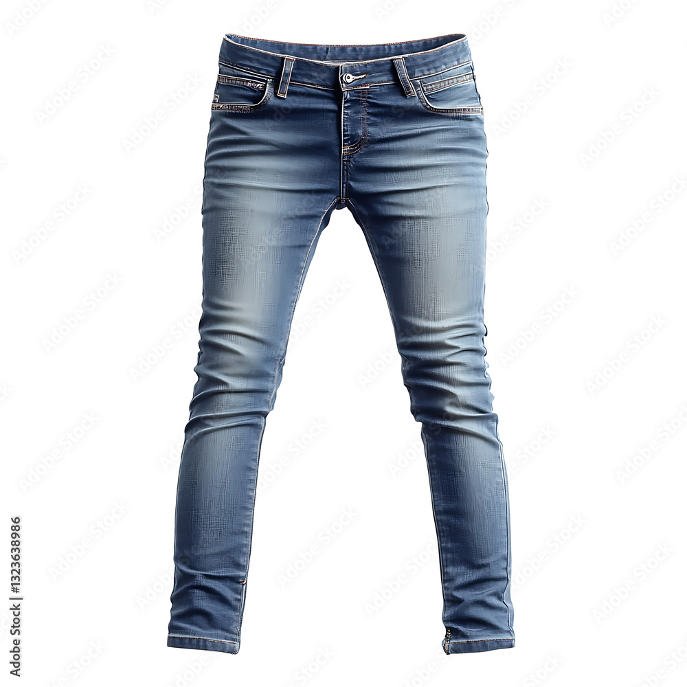 Slim-fitting light blue wash denim jeans displayed against a white background showing texture and details. Slim-fitting light blue wash denim jeans displayed against a white background showing texture and details.
