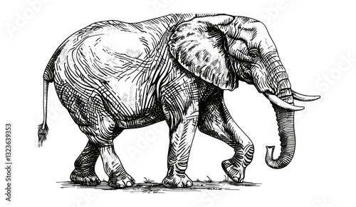Black and white elephant sketch, vintage vector, African animal silhouette, hand drawn engraving, isolated art, wild animal, nature illustration, bishop background, ink image