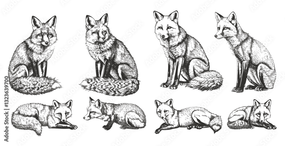 Obraz premium Fox silhouette, wild animal art, hand drawn vintage engraving, black and white sketch, isolated illustration, foxy animal image, wildlife drawing, nature art, fox sketch