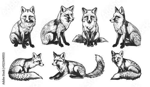 Black and white fox sketch, vintage wild animal engraving, isolated hand drawn art, foxy silhouette, nature wildlife illustration, animal image, ink drawing, wild animal art