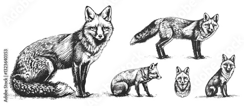 Fox illustration, vintage engraving, wild animal silhouette, hand-drawn foxy art, black and white sketch, ink animal image, wildlife, nature drawing, forest fox art