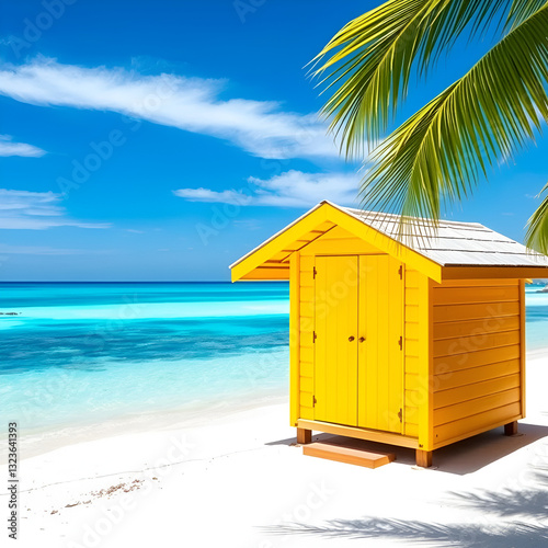 A vibrant yellow beach hut stands alone on a pristine sandy shore, framed by a brilliant azure sea and expansive sky, embodying solitude and tropical serenity.
