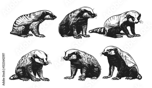 Hand drawn honey badger sketch, vintage engraving, ratel silhouette, black and white illustration, tropical animal art, isolated vector image, wildlife background