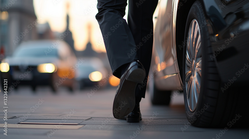 Fototapeta premium Passenger exiting a taxi at their destination for a quick trip