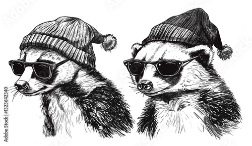 Honey badger vector illustration, ratel tropical animal, vintage engraving sketch, hand drawn ink costume, sunglasses, hipster hat, isolated silhouette, fashion art, sketch image
