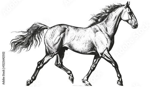 Wild mustang horse vector illustration, ink sketch, vintage engraving, isolated equine silhouette, black and white hand-drawn art, nag, animal background, equestrian, ranch