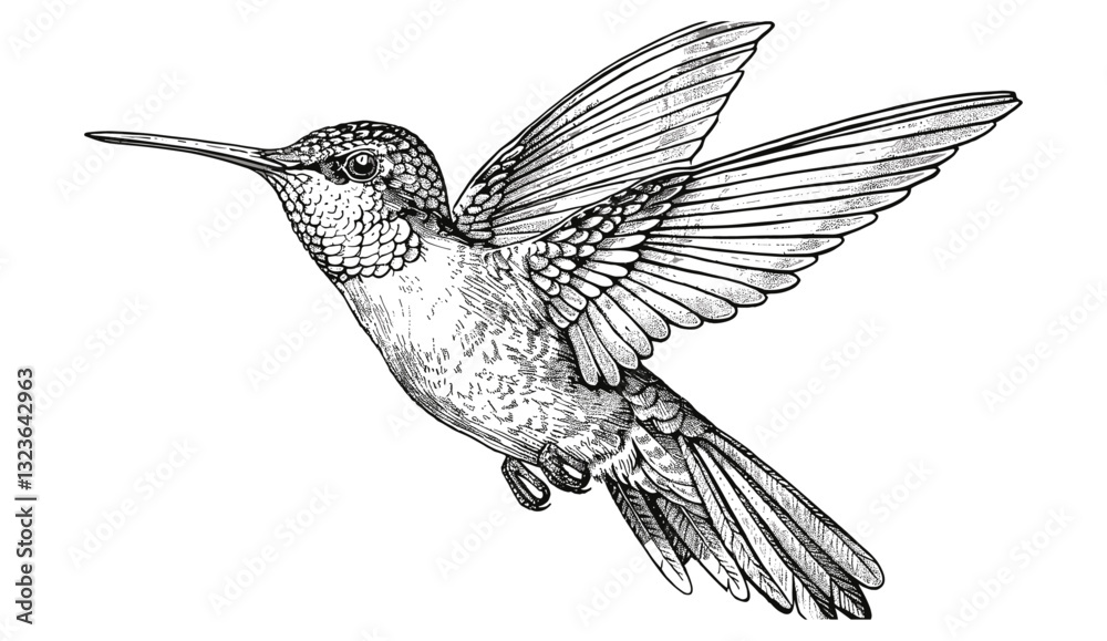 Obraz premium Vintage engraving hummingbird set, colibri silhouette art, hand-drawn hummingbird illustration, ink sketch bird, tropical bird background, black and white bird vector, hummingbird drawing