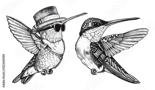 Vector vintage engraving, hummingbird sketch, fashion illustration, tropical bird silhouette, colibri, ink art, sunglasses, humming costume, hipster hat, tropical bird background