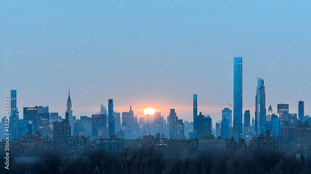 Fototapeta premium City Skyline Silhouette At Sunset With Blue Tones Buildings Lit Orange Horizon and Modern Architecture