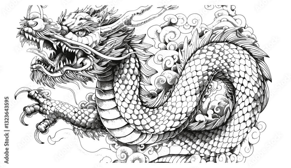 Fototapeta premium Japanese Dragon vintage engraving, snake sketch, black and white tattoo silhouette, hand drawn vector, Chinese character art, dragon tattoo design, mythical illustration
