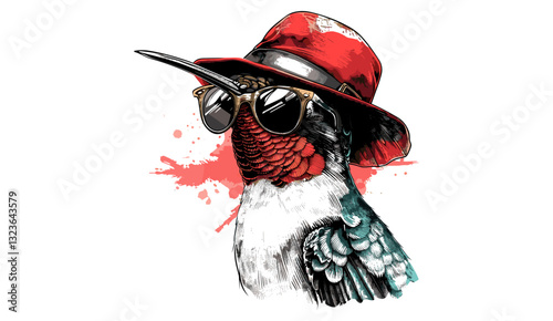 Hummingbird vector illustration, vintage engraving, sketch, sunglasses, tropical bird art, colibri silhouette, fashion ink, hipster hat, isolated humming, bird tropical