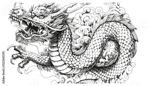 Japanese Dragon vintage engraving, snake sketch, black and white tattoo silhouette, hand drawn vector, Chinese character art, dragon tattoo design, mythical illustration