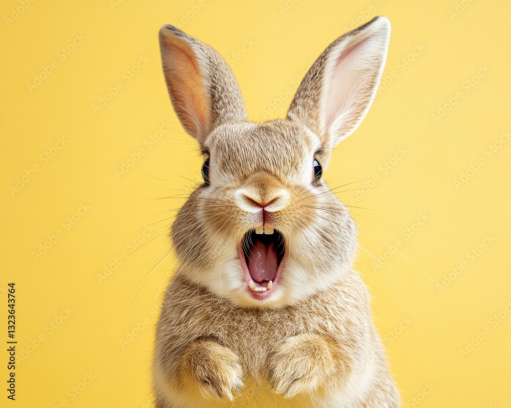 Fototapeta premium An angry bunny in a minimalistic style, set against a yellow background, captured in photorealistic detail.