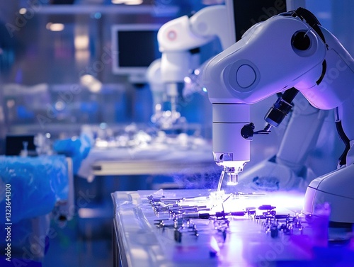 Medical device manufacturing scene, micro - welding robots processing surgical instrument prototypes under magnification lenses, with a sterile packaging area in the background
