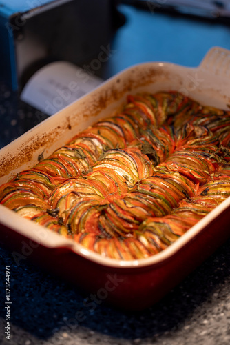 A close-up of a baked ratatouille dish with sliced zucchini, tomatoes, and eggplant arranged in a red ceramic baking dish on a kitchen countertop.