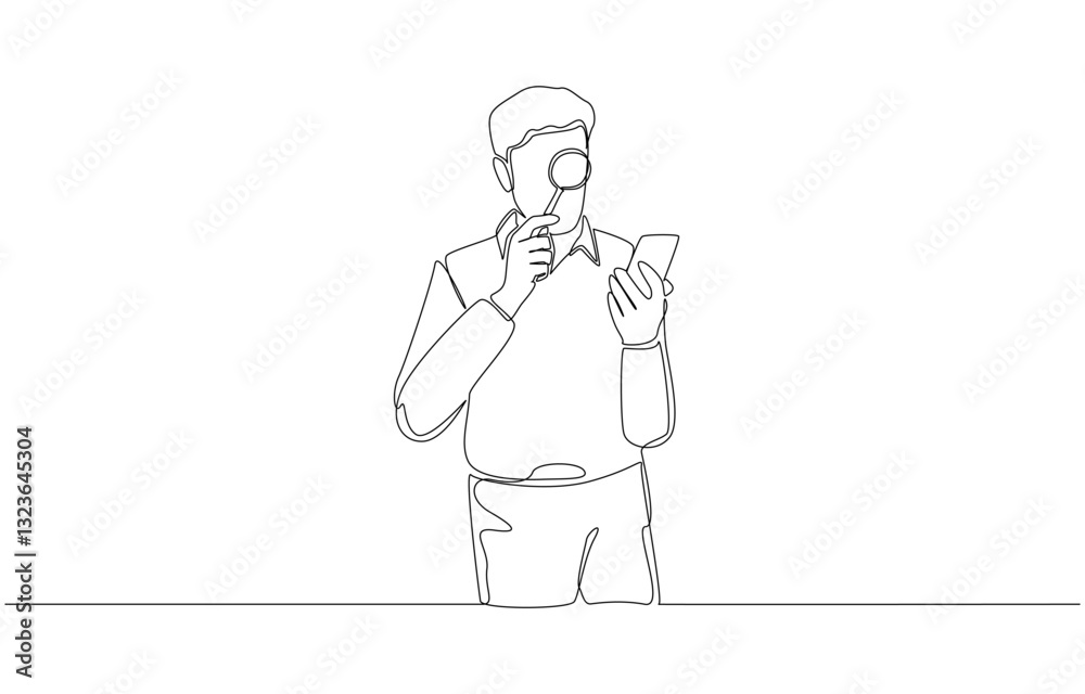 Continuous one line drawing of man looking at smartphone screen through magnifying glass, consuming news with discretion, filtering fake news concept, single line art Continuous one line drawing of man looking at smartphone screen through magnifying glass, consuming news with discretion, filtering fake news concept, single line art