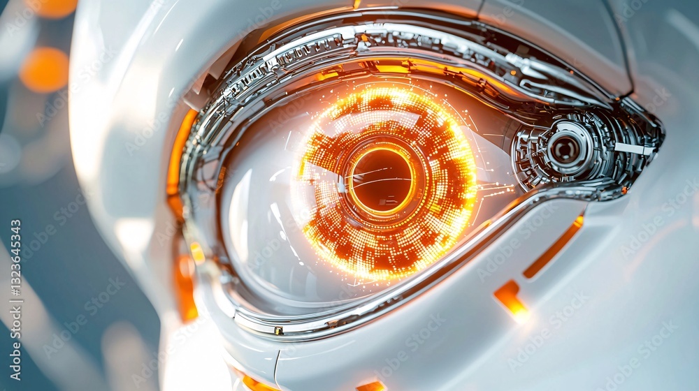 robot working and machine learning with algorithms Concept. Futuristic Robotic Eye with Orange Light Effects robot working and machine learning with algorithms Concept. Futuristic Robotic Eye with Orange Light Effects