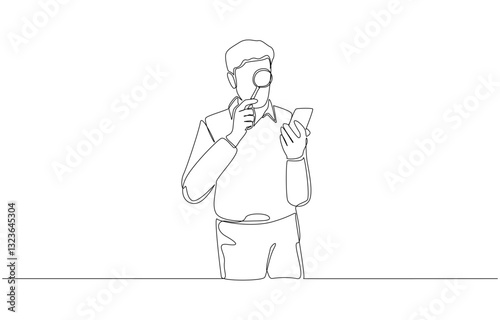 Continuous one line drawing of man looking at smartphone screen through magnifying glass, consuming news with discretion, filtering fake news concept, single line art
