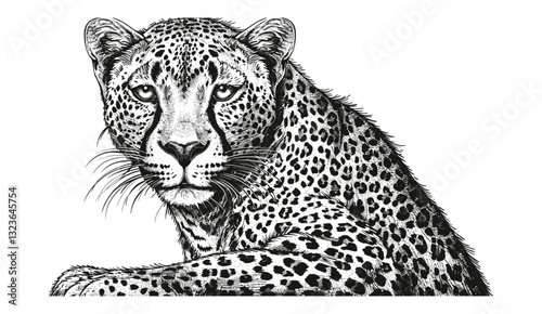 Vector leopard engraving, panther illustration, ink sketch, Africa wild cat, cheetah background, jaguar animal, black and white, hand drawn, feline predator, wildlife art, nature sketch