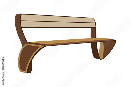 Modern wooden park bench with curved armrests and beige backrest for outdoor seating