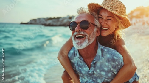 A happy older couple wearing beachwear, laughing as they enjoy a piggyback ride near the water
