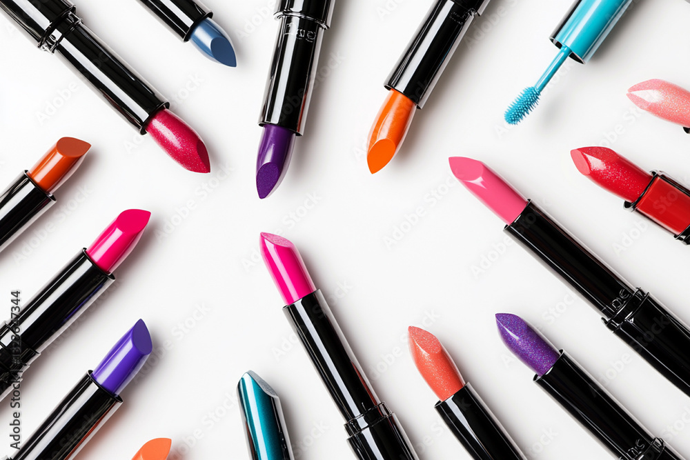 Multicolored lipsticks and glosses on a white background Multicolored lipsticks and glosses on a white background