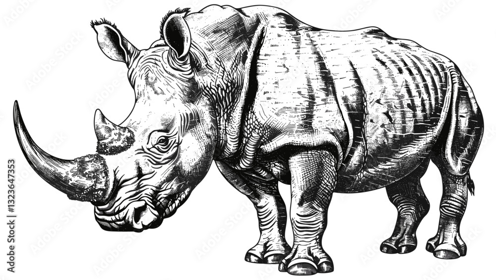 Obraz premium Vintage rhino engraving, hand-drawn sketch, Africa silhouette, black and white, wildlife art, rhino illustration, nature scene, sketch of rhino, animal silhouette art.
