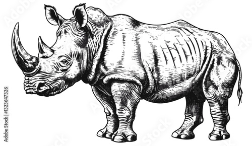 Rhinoceros ink sketch, vintage engraving, black and white art, hand-drawn silhouette, Africa rhino, wildlife illustration, nature, safari, animal art, sketch of rhino silhouette.
