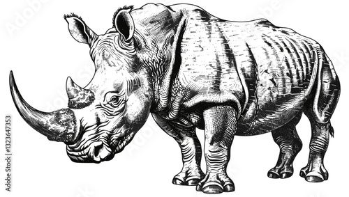 Vintage rhino engraving, hand-drawn sketch, Africa silhouette, black and white, wildlife art, rhino illustration, nature scene, sketch of rhino, animal silhouette art.