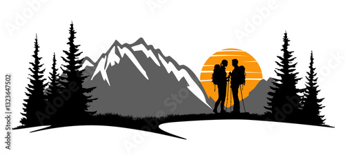 Black silhouette of hiker couple hiking in mountains forest woods landscape panorama illustration icon vector for logo, campimg adventure travel background