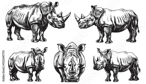 Hand-drawn rhino sketch, vintage engraving, Africa background, black and white illustration, ink sketch, wildlife silhouette, nature art, rhino silhouette, animal drawing.