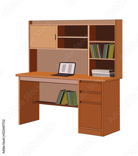 Wooden study desk with storage shelves, drawers, and a laptop for home office or workspace