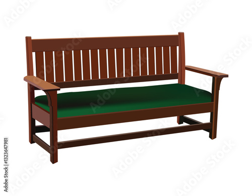 Wooden bench with vertical slat backrest, armrests, and green cushioned seat on white background