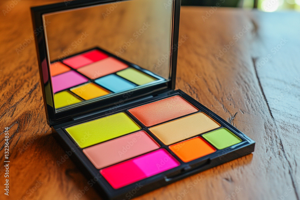 Open palette of highlighters with a mirror Open palette of highlighters with a mirror