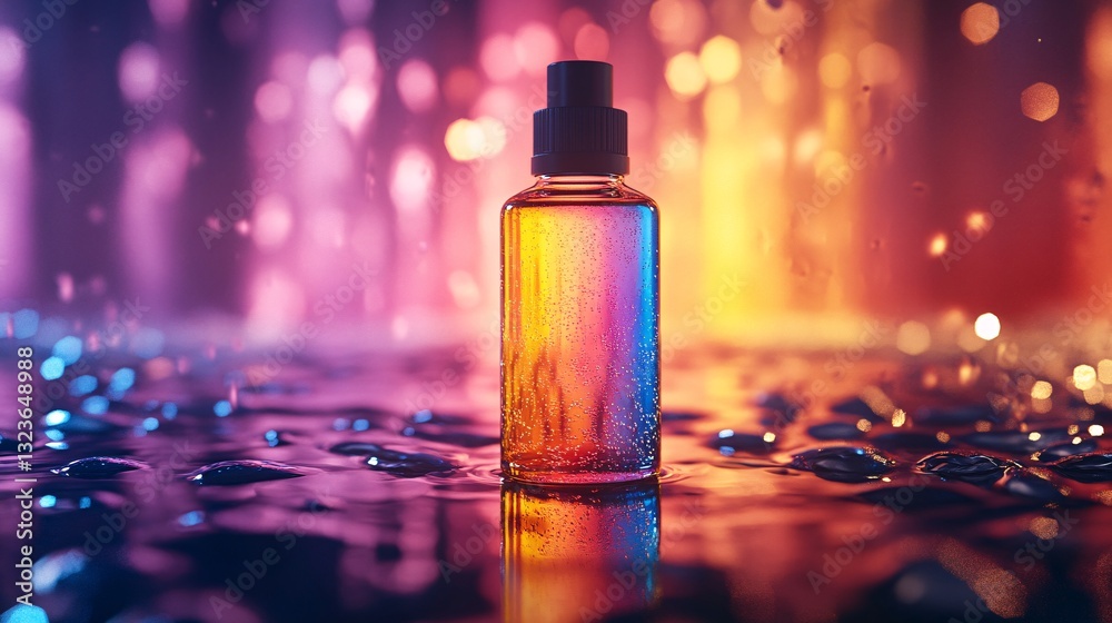 A colorful translucent bottle standing in shallow water beautifully displays A colorful translucent bottle standing in shallow water beautifully displays