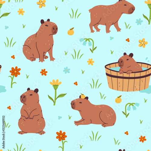 Seamless pattern with cute capybaras and flowers. Vector graphics.