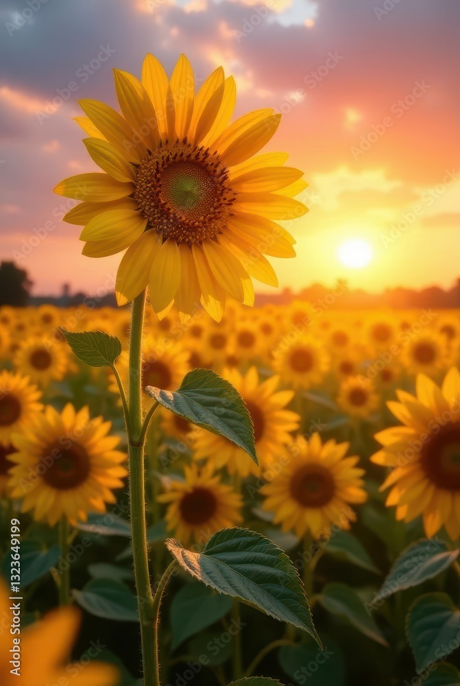 Obraz premium Golden Hour Sunflower Field A Single Bloom Stands Tall, Bathed in the Warm Glow of the Setting Sun, Surrounded by a Sea of Vibrant Yellow Petals