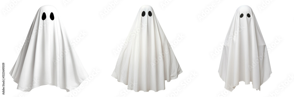 Three cartoon ghosts with white sheets and black eyes on transparency background
