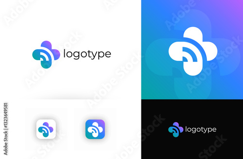 Telemedicine logo with medical cross, symbolizing digital healthcare and online consultations. Suitable for telehealth, virtual clinics, online pharmacies, healthcare apps. Vector logo concept