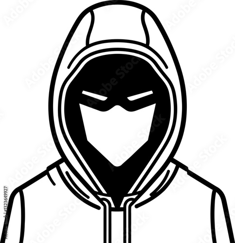 Mysterious hooded figure with mask vector graphic. Anonymous silhouette for digital security, cyber crime, and identity protection concepts.