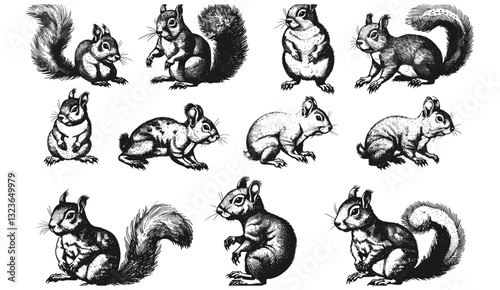 Vintage engraving squirrel illustration, vector ink sketch set, forest animal silhouette, black and white hand drawn image, detailed wildlife art, woodland etching