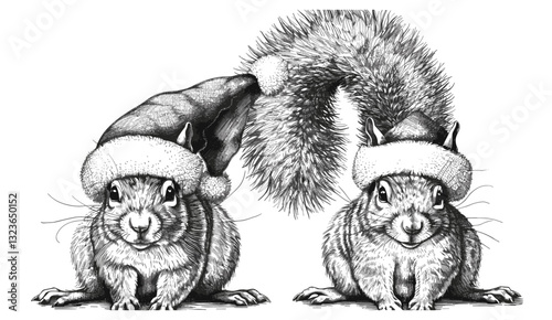 Squirrel vintage vector illustration, Christmas rodent in Santa costume, ink sketch, forest background, gnawer animal silhouette, black and white New Year hat