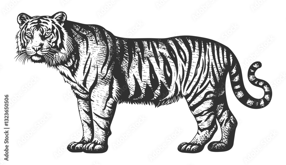 Naklejka premium Vintage engraving tiger, vector illustration, ink sketch, Africa wild cat, black and white hand drawn image, animal silhouette, wildlife drawing, big cat, roaring predator