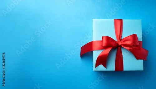 Light Blue Gift Box with Red Ribbon on Sky Blue Background. Top View of Children Day Gifts with Copy Space