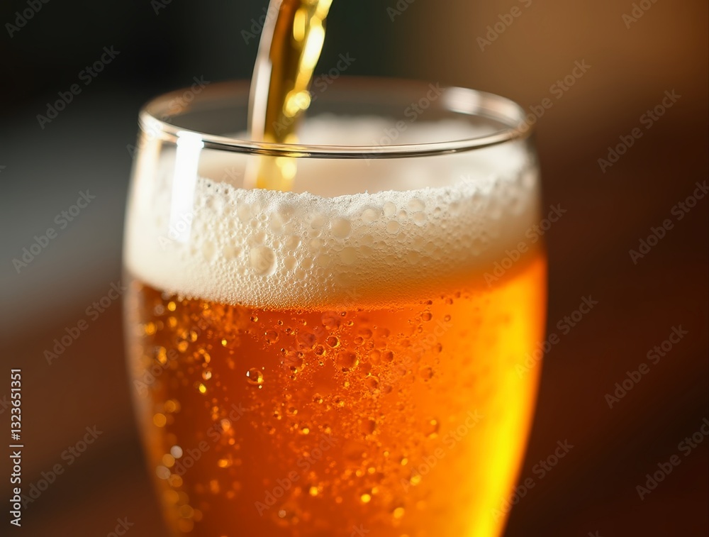 Cold beer pouring into glass with bubbles rising and condensation forming Cold beer pouring into glass with bubbles rising and condensation forming