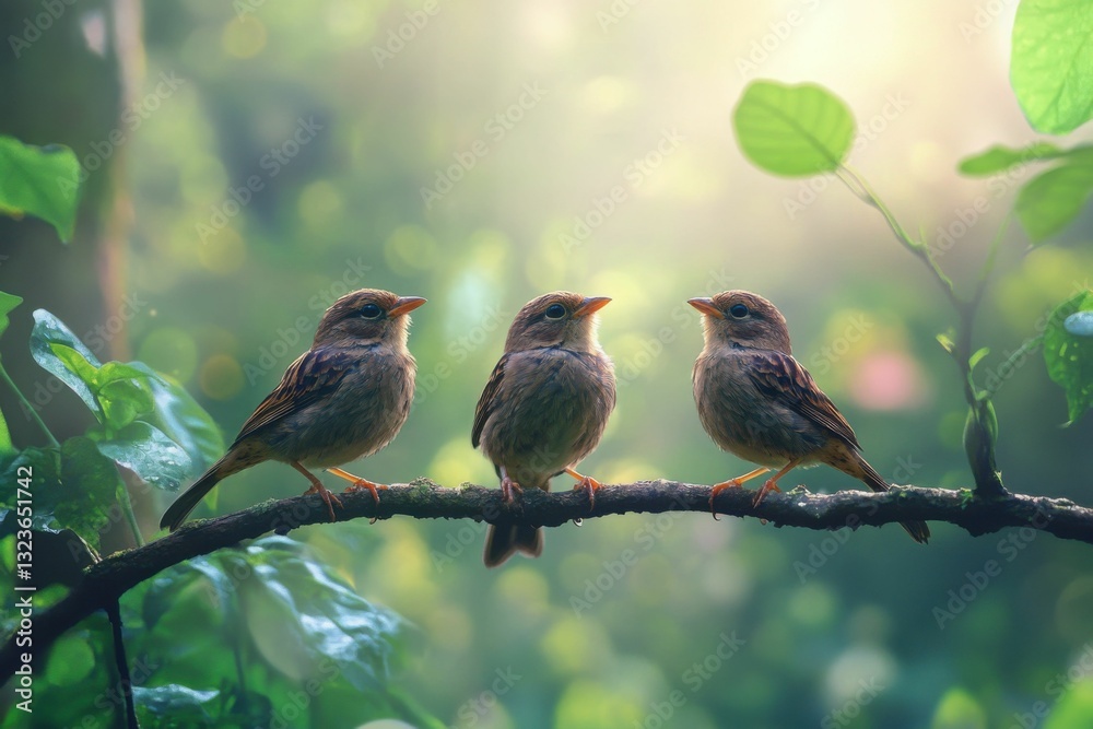 Obraz premium Three Little Birds - Sparrows Perched on Tree Branch in Wildlife Nature Scene