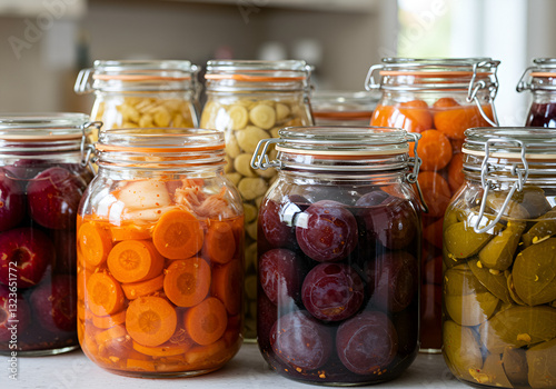 A vibrant collection of assorted fermented foods displayed in clear glass jars, featuring a colorful array of textures and hues from vegetables and fruits, symbolizing healthy probiotic rich cuisine,p