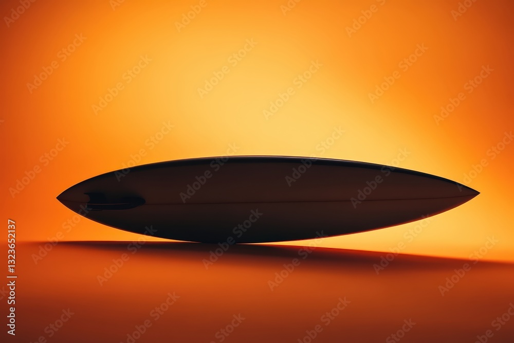 A streamlined surfboard appears isolated against a vibrant orange backdrop A streamlined surfboard appears isolated against a vibrant orange backdrop