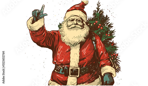 Retro Christmas card, Santa Claus vector drawing, old fashioned holiday image, vintage Santa illustration, nostalgic Christmas design, festive vintage vector.